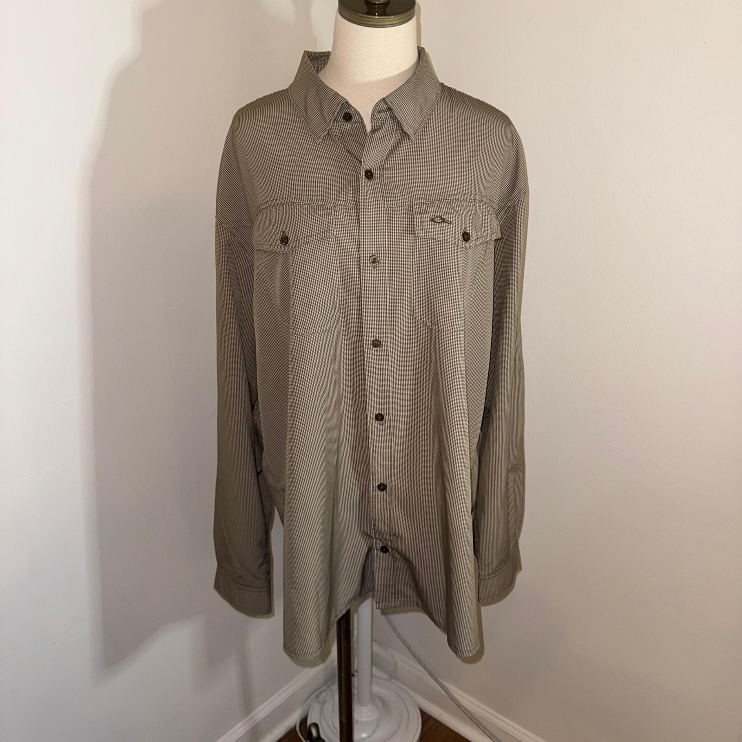 Drake Men’s Large Green Brown Long Sleeve Button Up Sport Polo Shirt