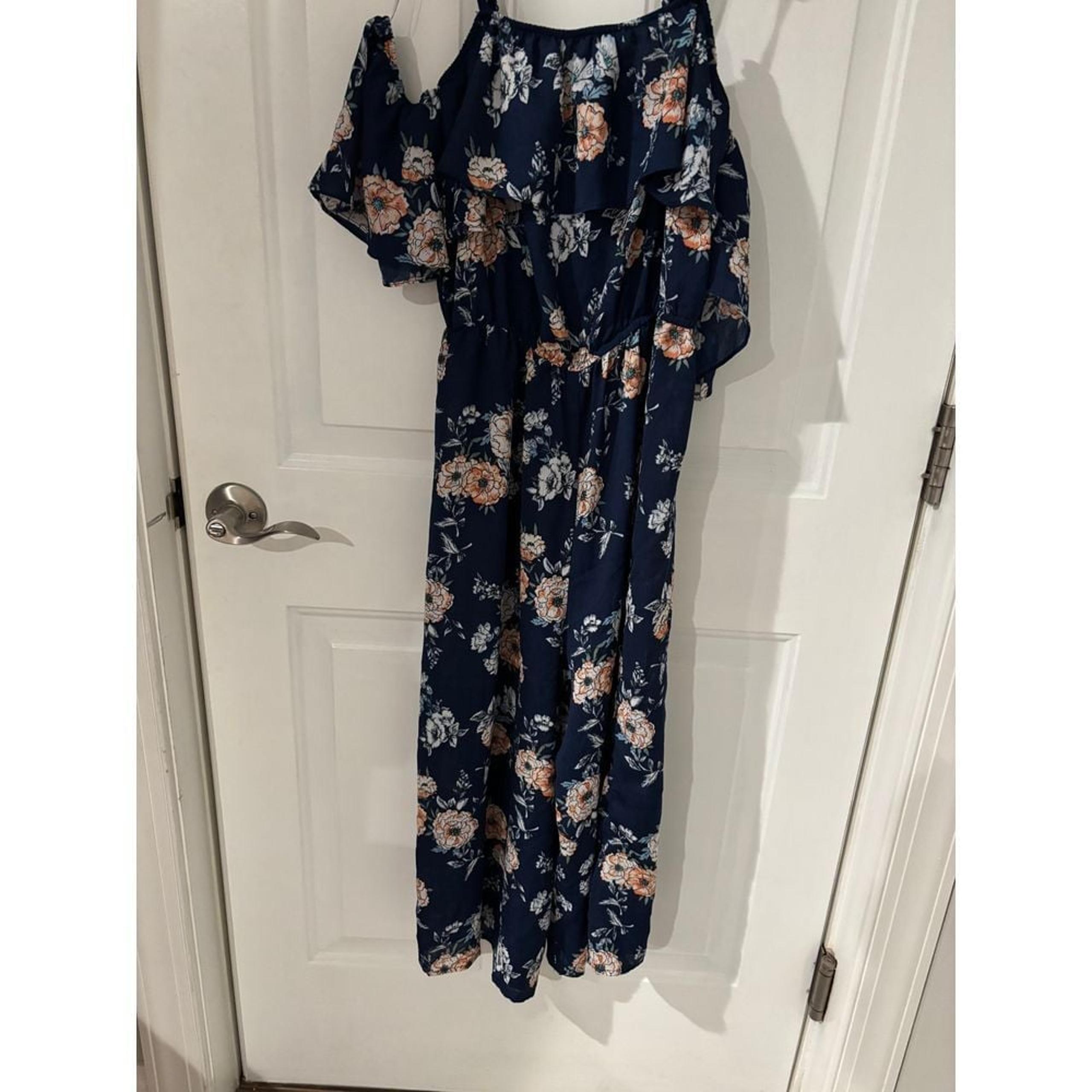 AS U WISH Navy Blue Floral Overlay Jumpsuit Romper  Size M