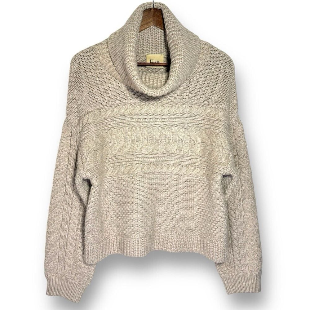 Elie Tahari Sweater Medium Chunky Knit Turtleneck Beige Cozy Stretch Pullover