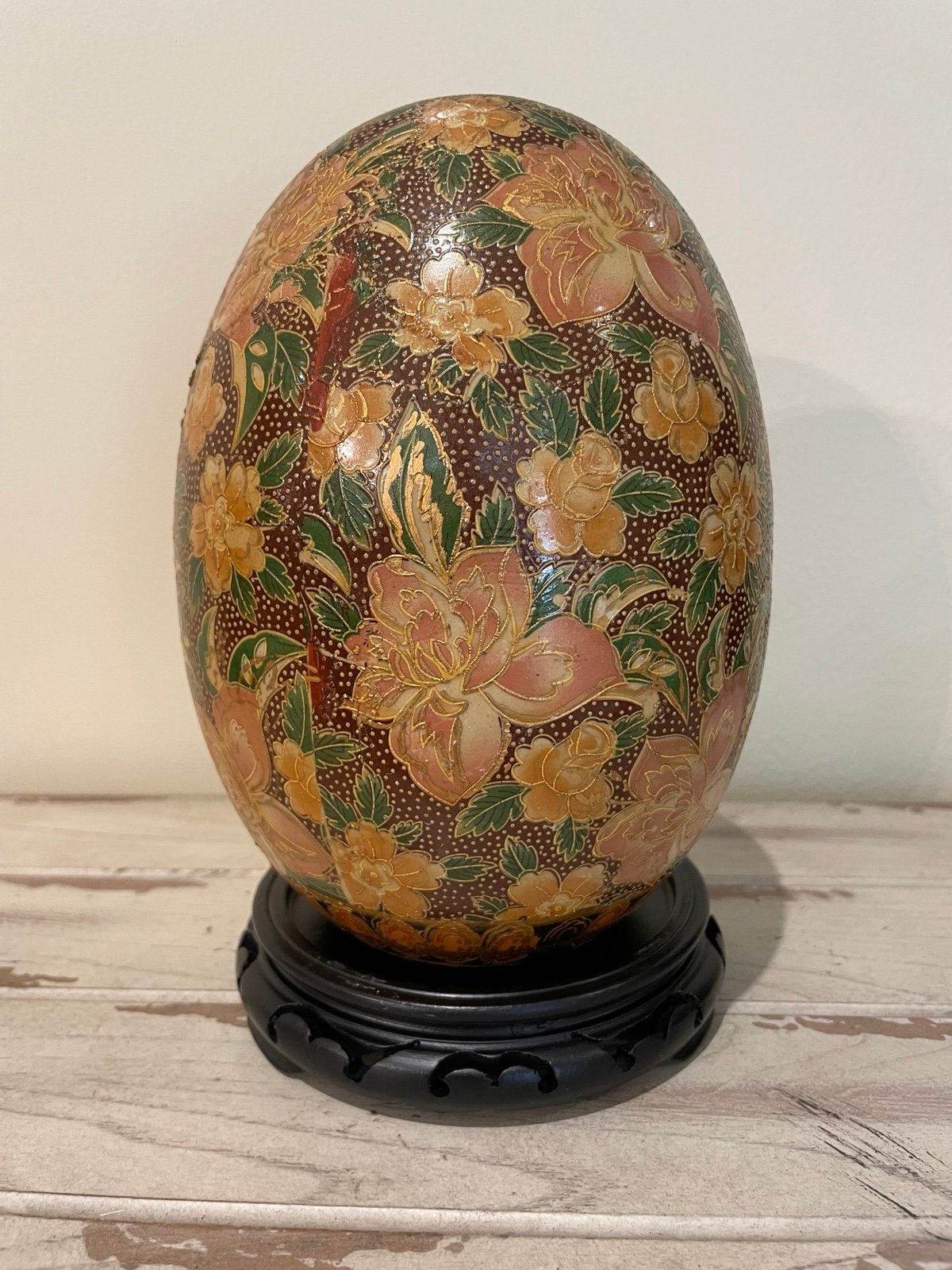 Vtg Asian Hand Painted 6 1/2 Tall Satsuma Floral Style Egg With Stand EUC