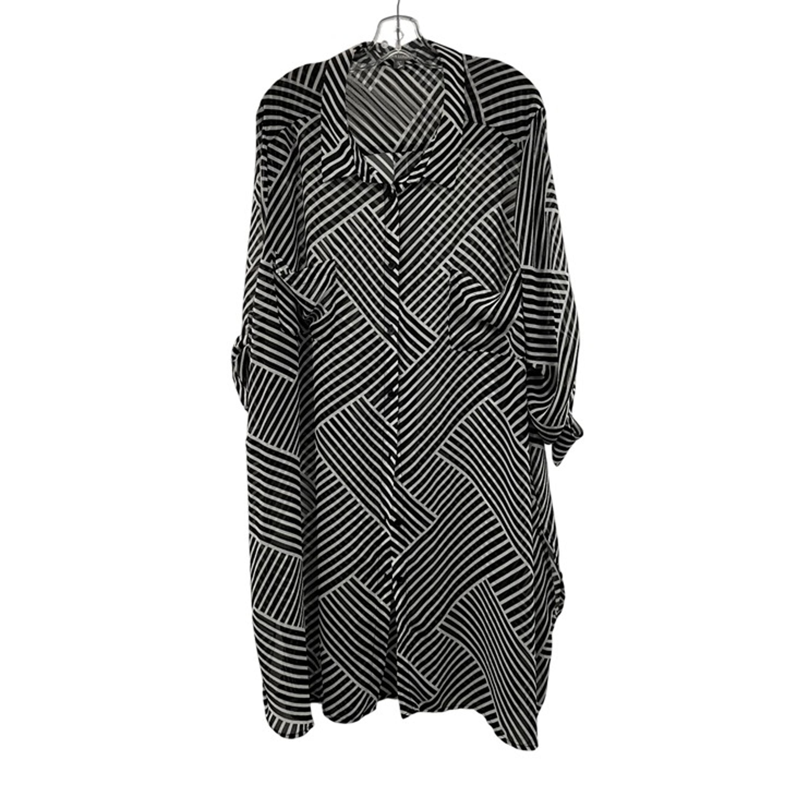 Jessica London Sheer Shift Dress Button Up Black/White Long Roll Tab Sleeve 32W