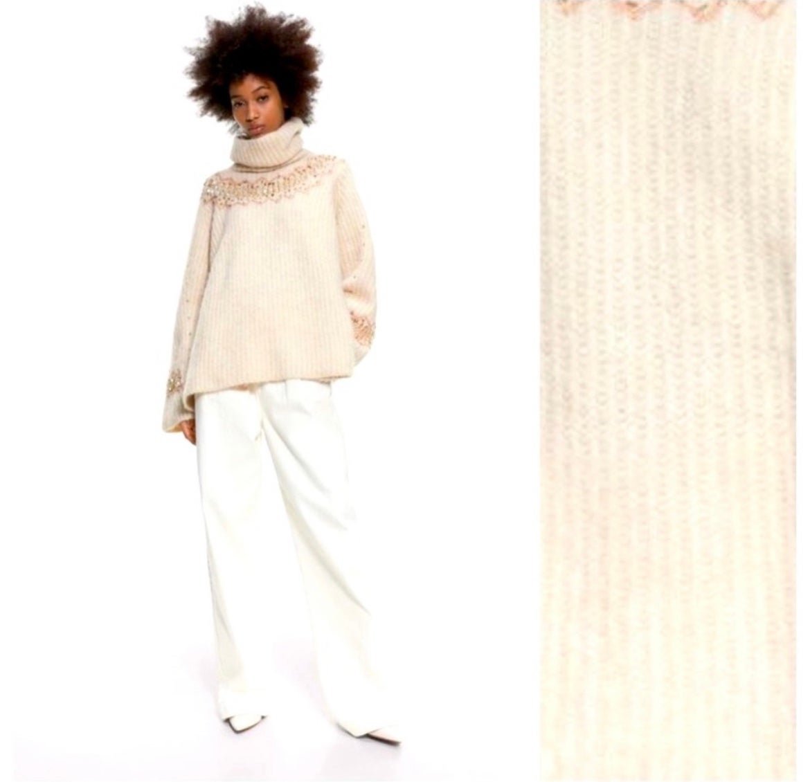 Zara Oversized Ivory Beaded Knit Turtleneck Sweater