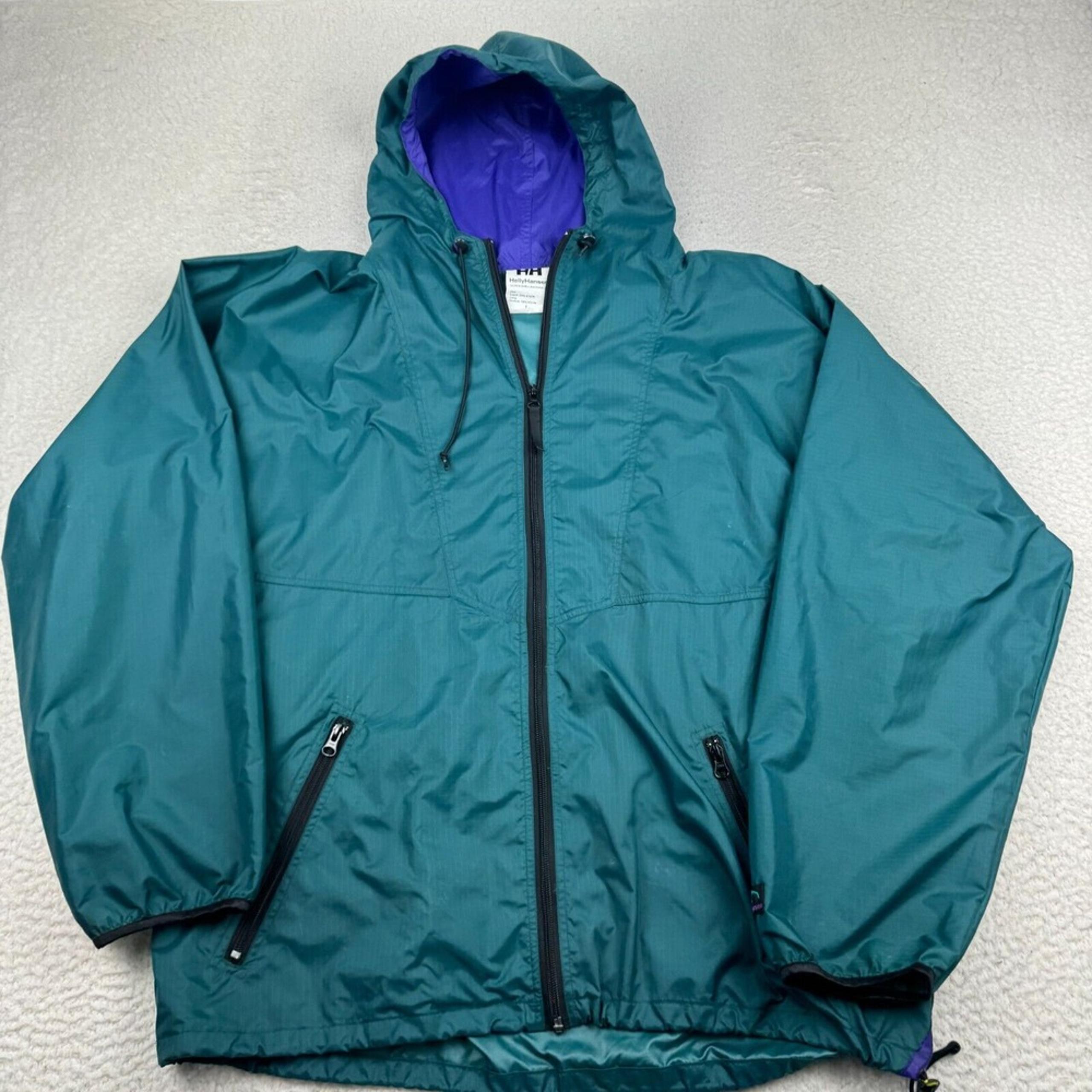 VTG Helly Hansen Jacket Womens Large Windbreaker Full Zip Hooded Ripstop Green