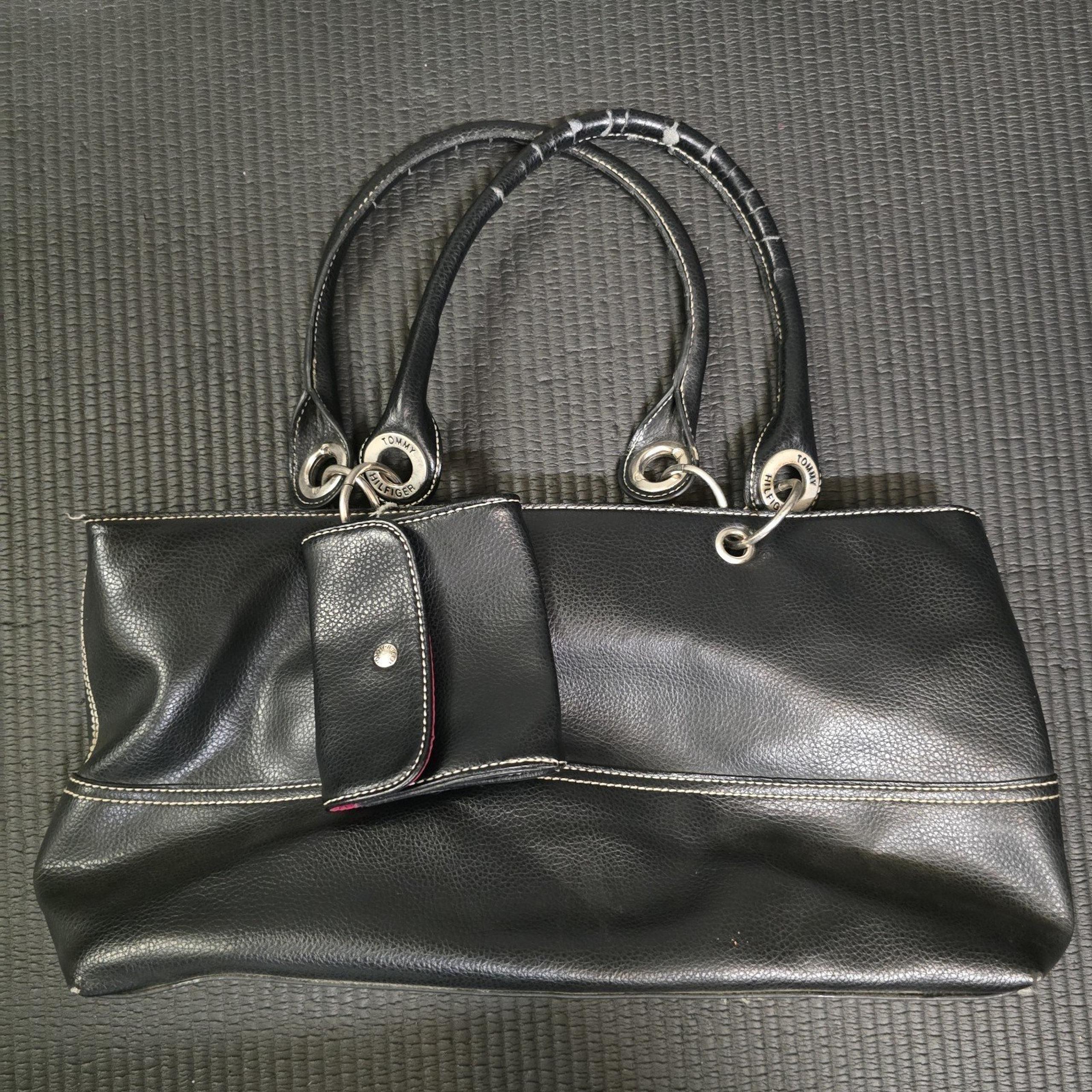 Tommy Hilfiger Black Faux Leather Silver Hardware Shoulder Bag Y2K Style