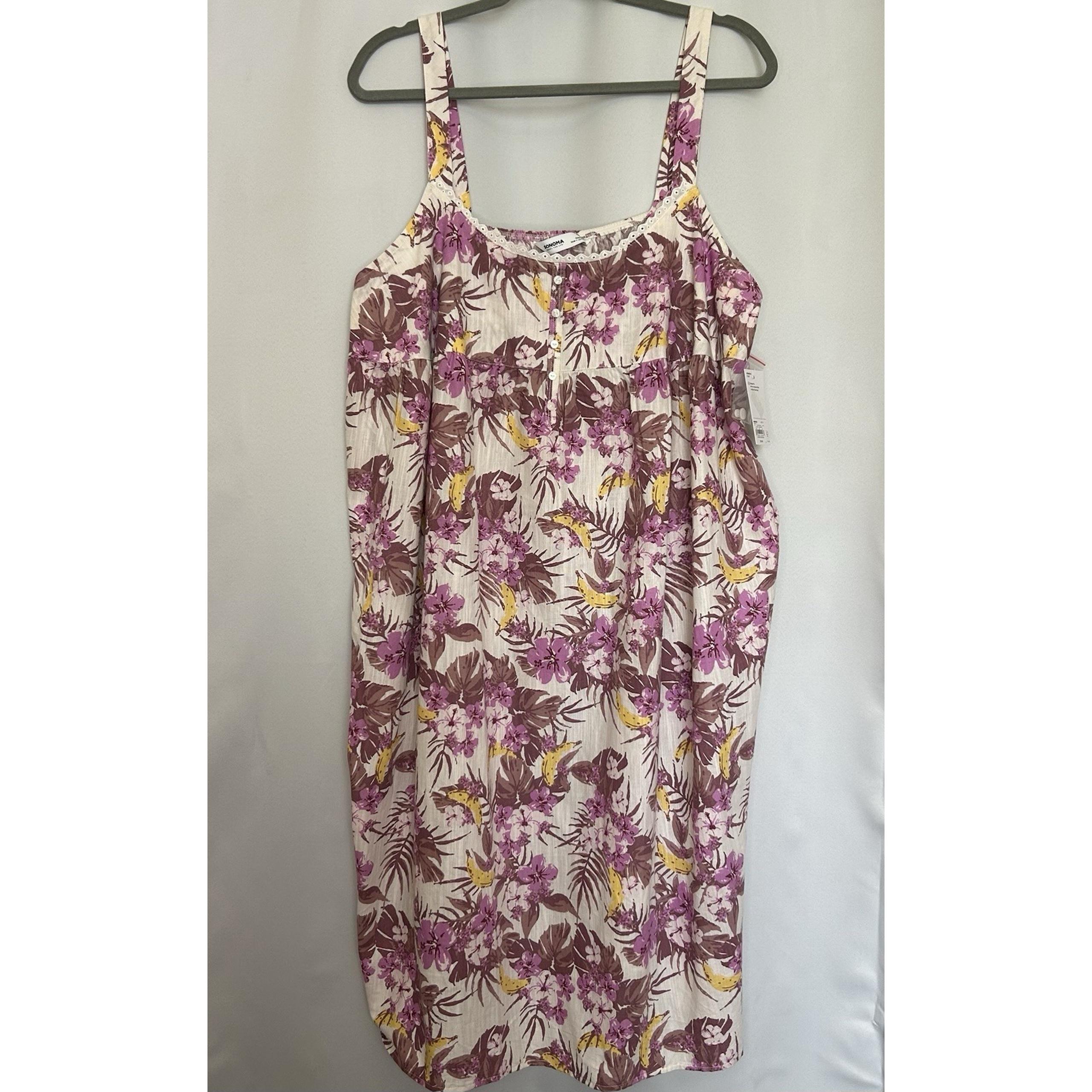 Sonoma Women's Poplin Nightgown Size 1X Purple Cream Sleeveless Lightweight
