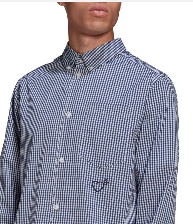 adidas (SIZE L) ORIGINALS X HUMAN MADE MENS GINGHAM LONG SLEEVE SHIRT BLUE WHITE