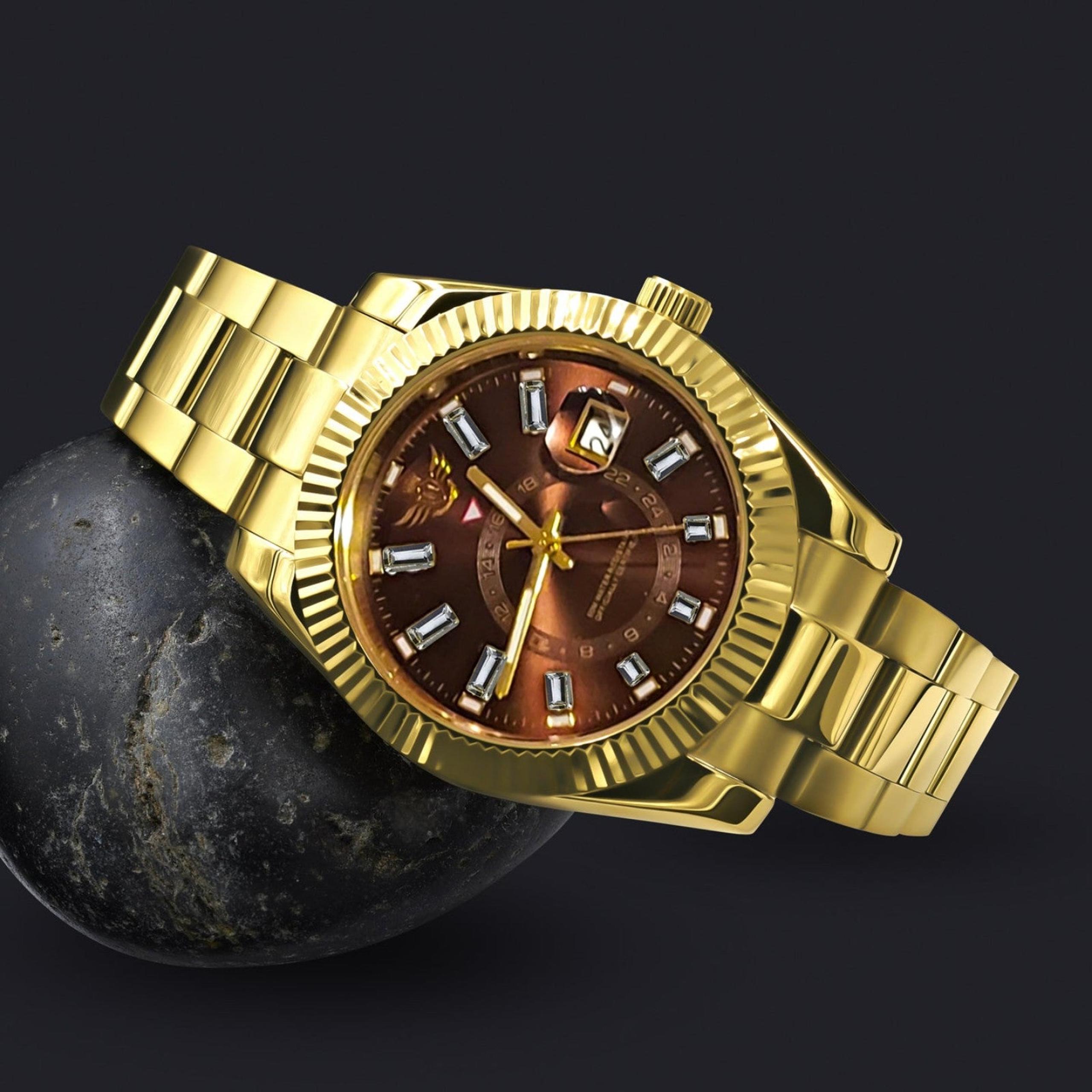 Bling master automatic mens hip hop watch - presidential gold / brown face