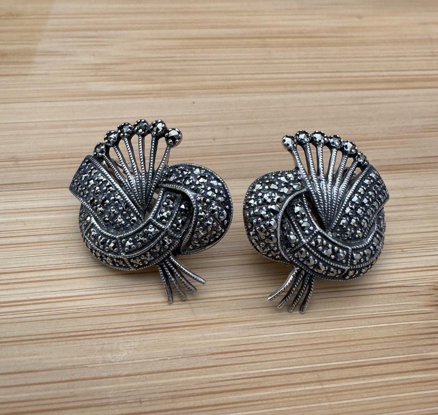 Vintage Modernist Sterling Silver Marcasite Omega Back Earrings