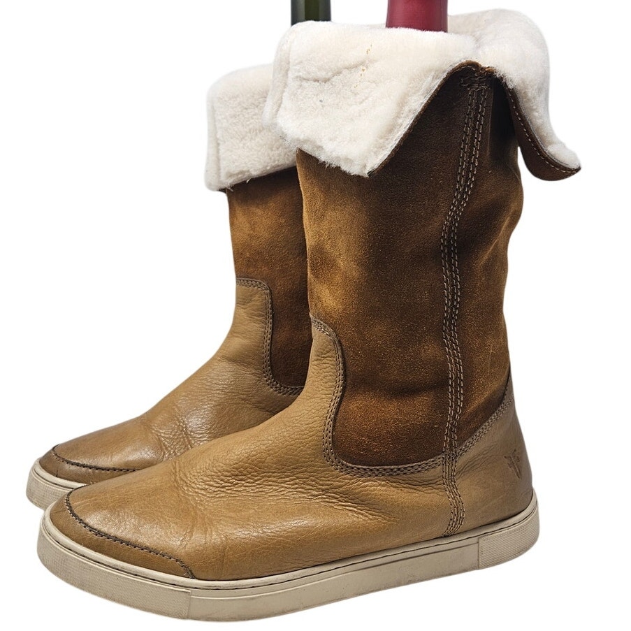 Frye 9 Gemma Shearling Interior Sneaker Boot Brown Leather Casual Western Boho