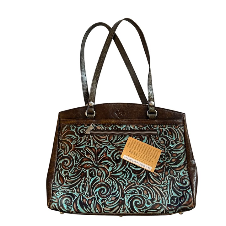 Patricia Nash Poppy Top Zip Tote Turquoise Embossed Leather Floral Design 14x10