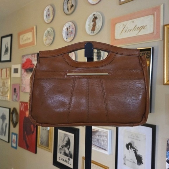 70's Brown Leather Top Handle Clutch Handbag