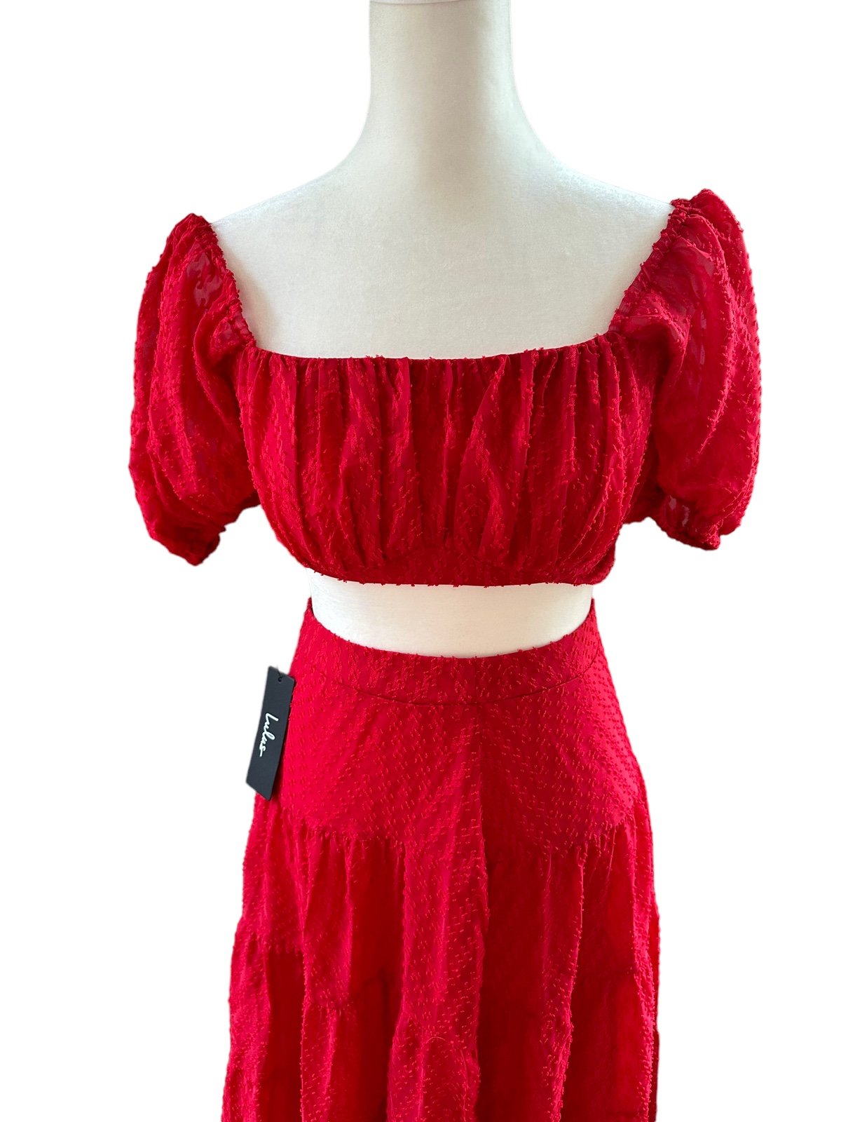 NWT Lulus 2 piece, skirt (XS) with matching crop top (S) tie back, red, side zip