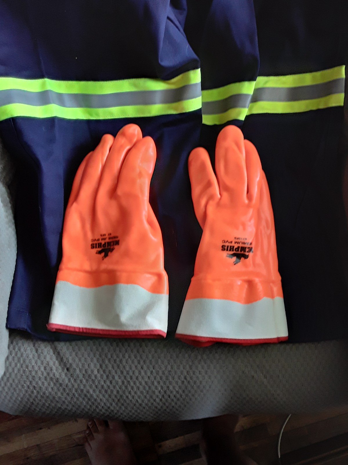 Flame resistant coveralls + gloves.