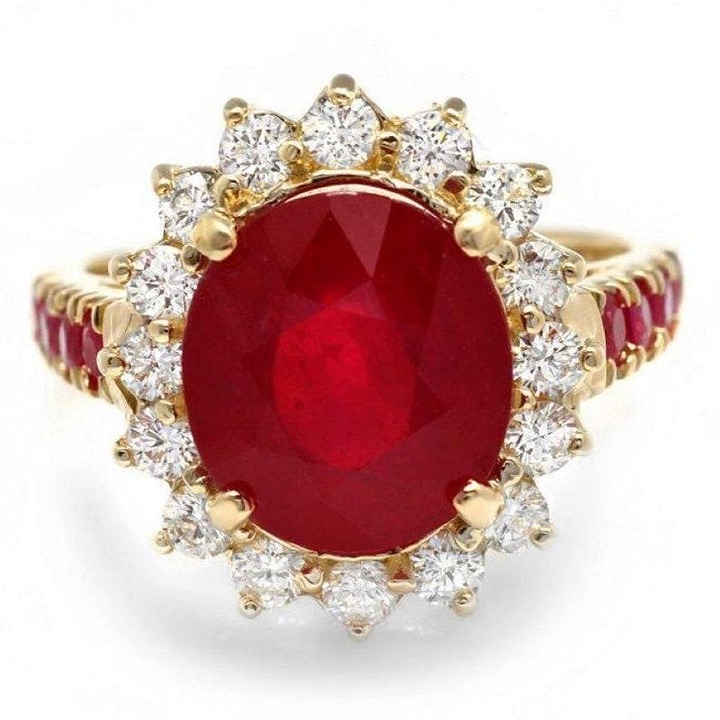 7.45Ct Natural Oval Red Ruby & Diamond Halo Solitaire Ring 14k Yellow Gold