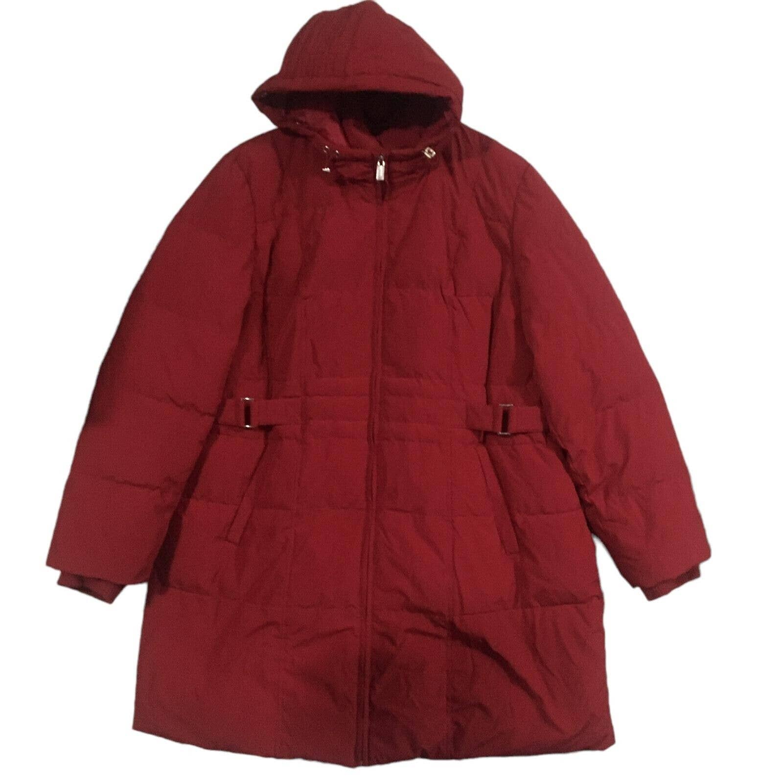 Jones New York Women's Puffer Jacket Red Hooded Cozy Comfy Long Sleeve Puffer