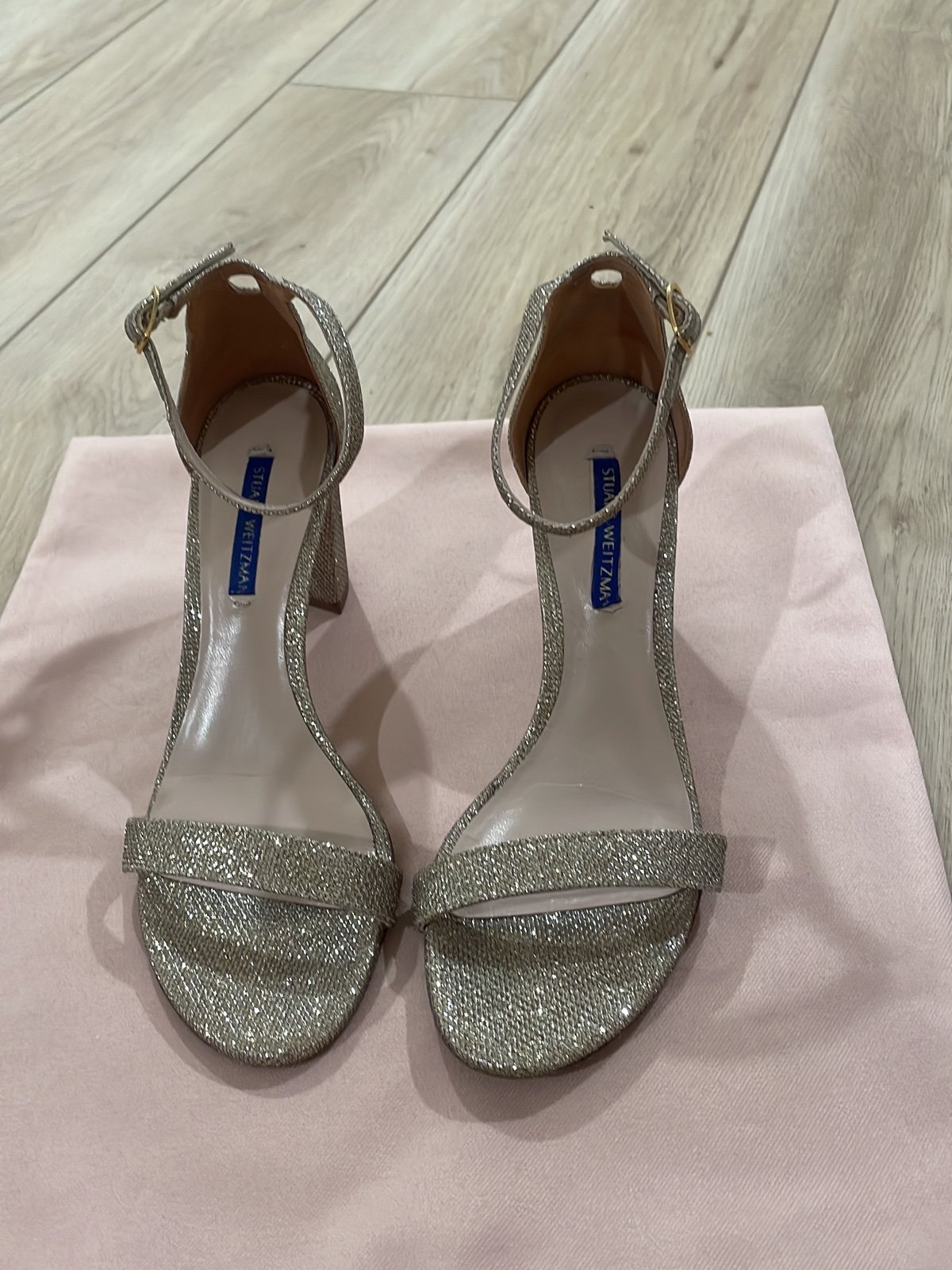 Stuart Weitzman Nudistcurve Glitter Block-Heel Sandals