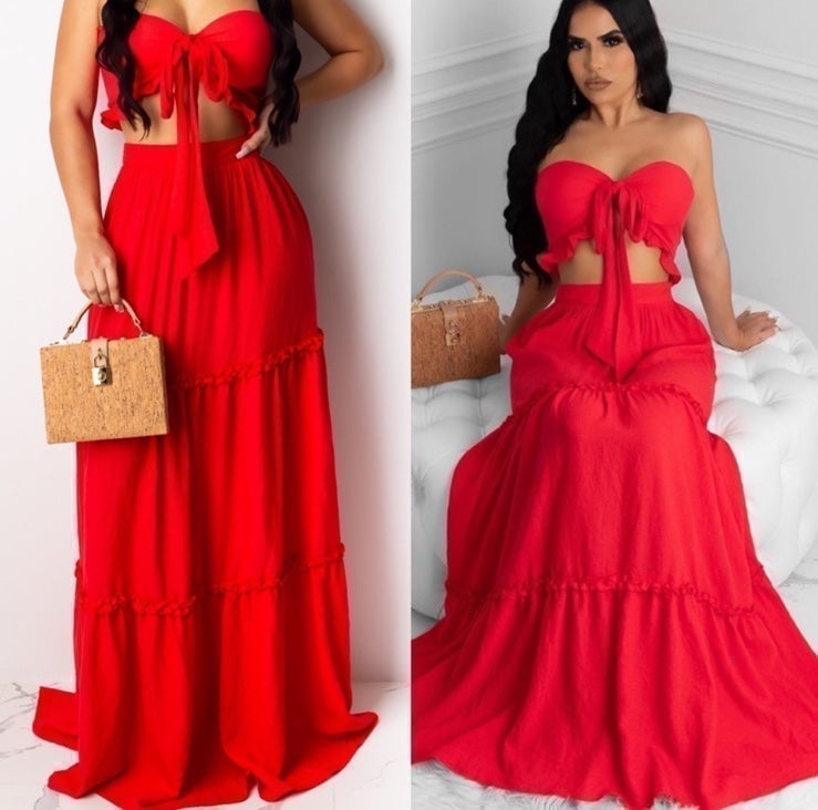 Red Hot 2 Piece Tie Crop Top & High Waist Maxi Skirt Set