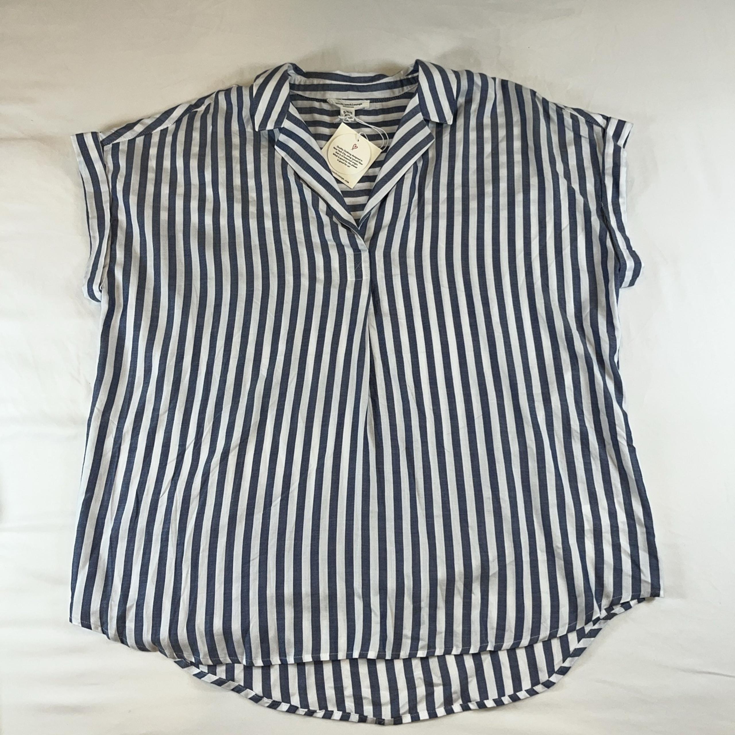 BeachLunchLounge Womens Top XL White Blue Striped Casual Preppy V Neck Cuff Knit