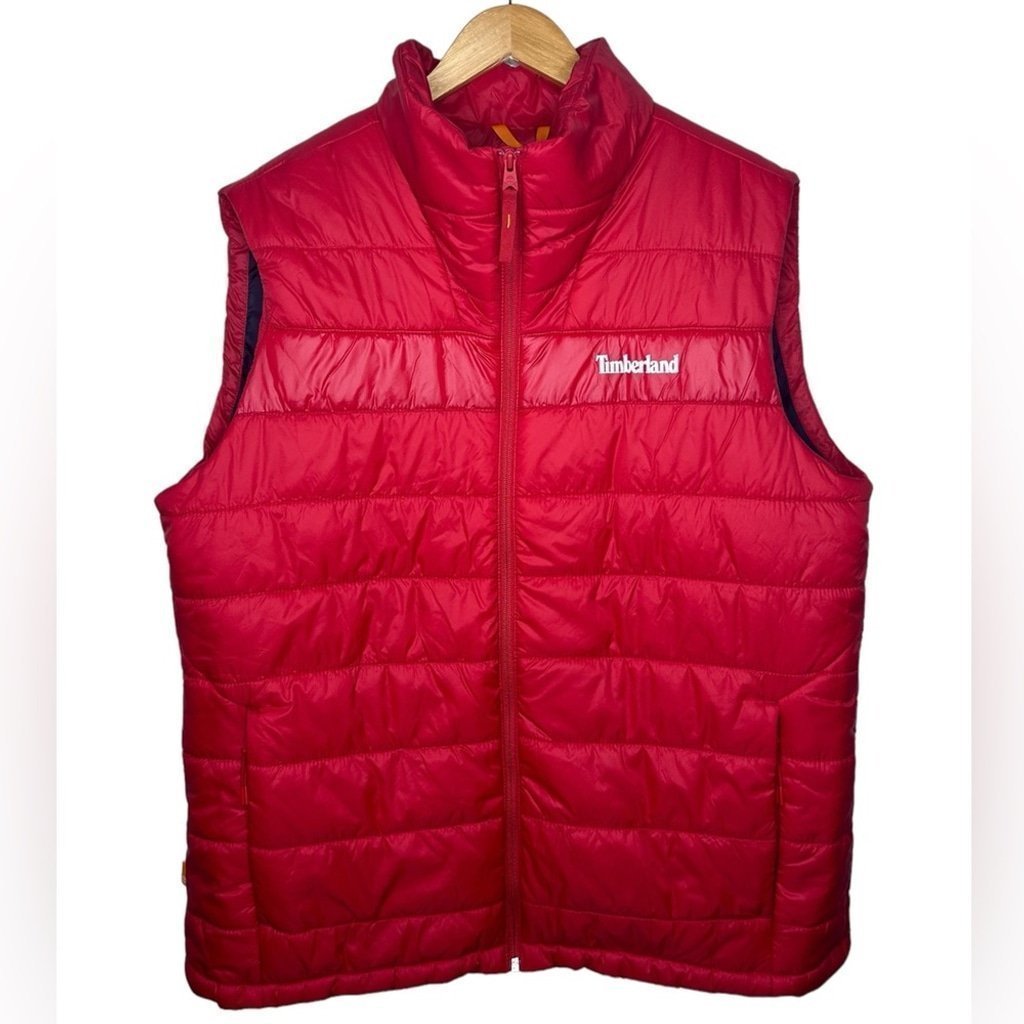 Timberland Men's Red Classic Sleepless Logo Down Puffer Winter Vest Size XL