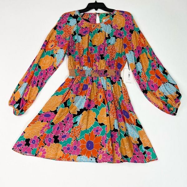 Amur Mini Dress Womens Colorful Pop 4 Gretal Floral Balloon-Sleeve Smocked NWT