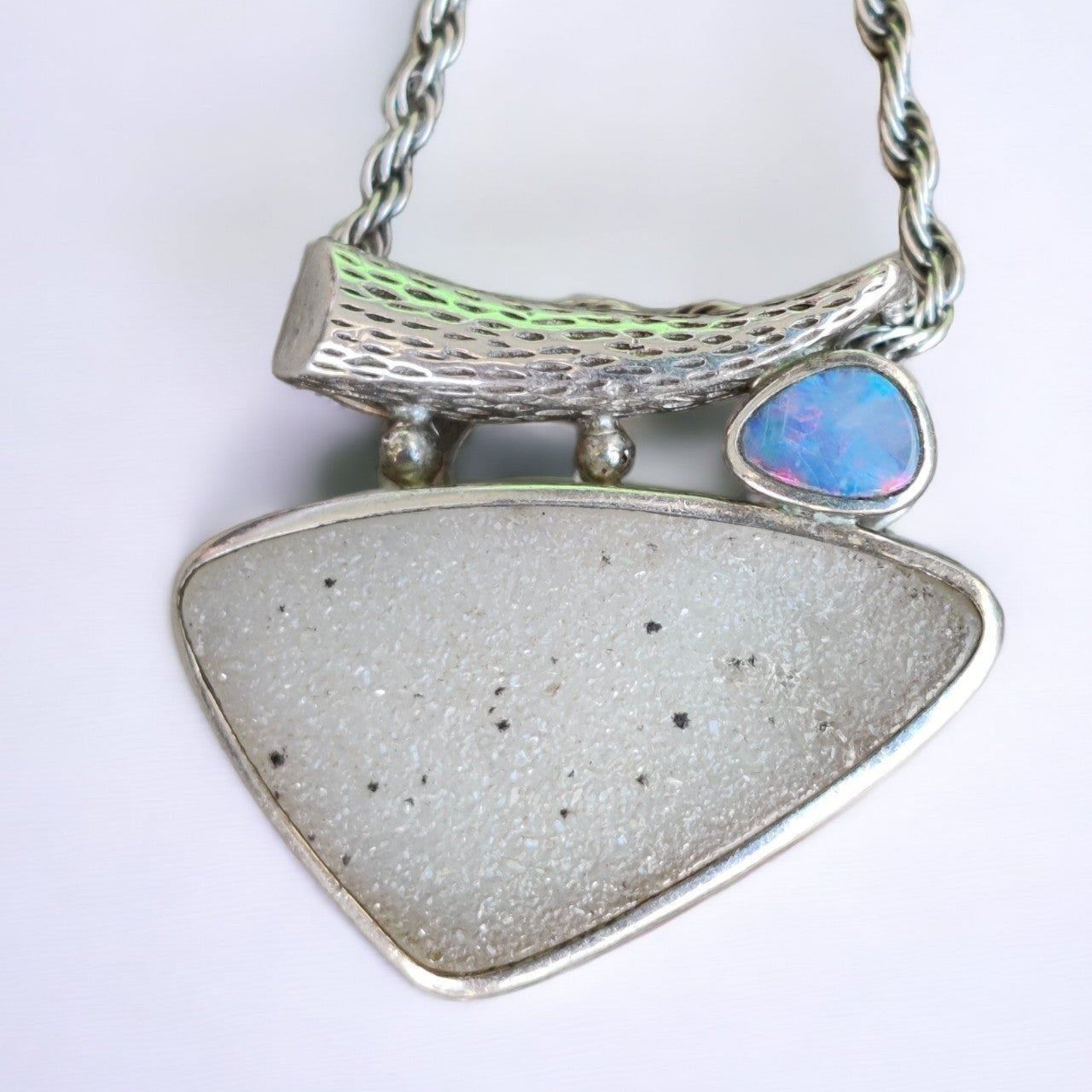 Vintage sterling artisan signed triplet opal and white druzy necklace