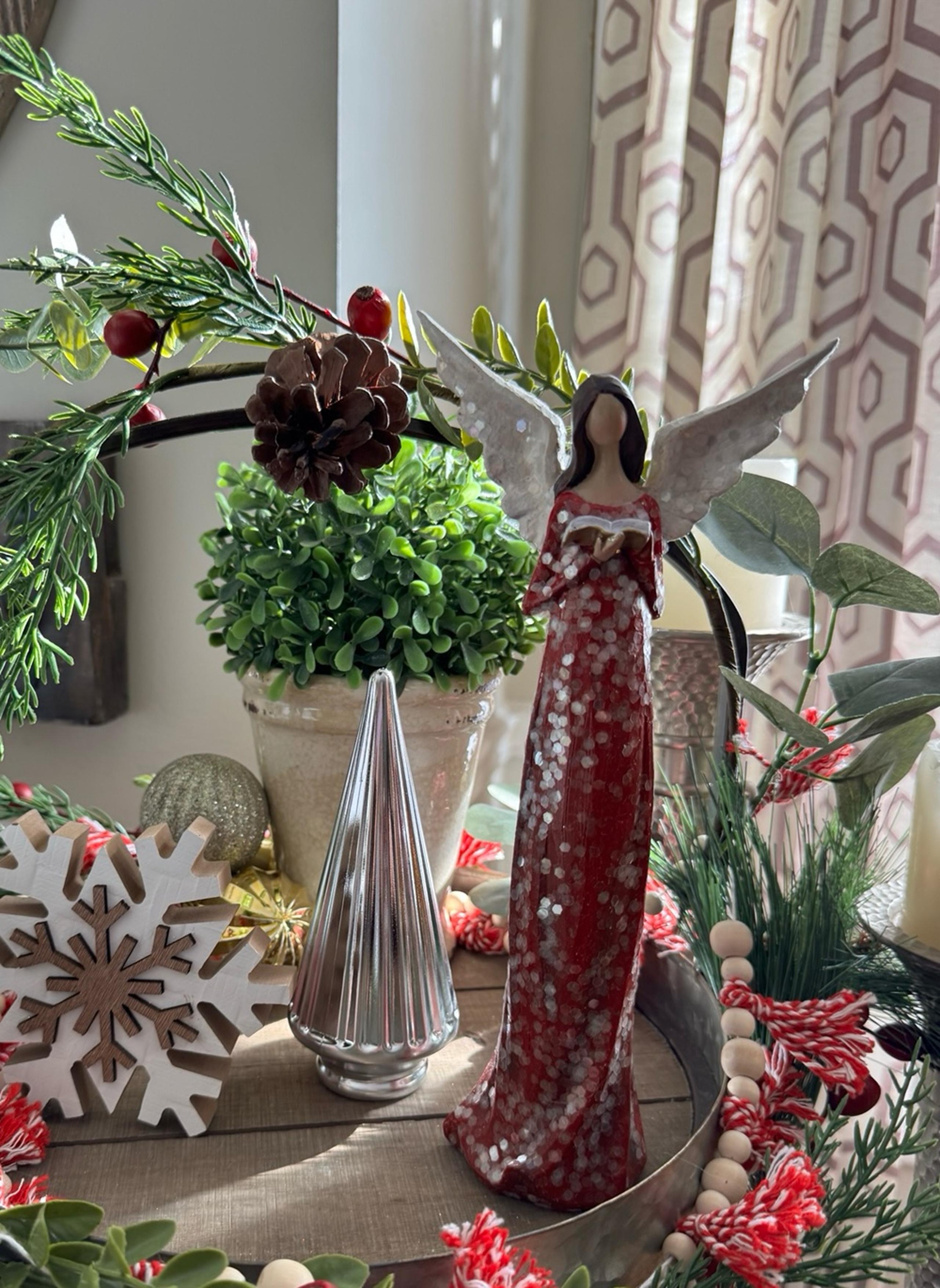 Christmas Standing Tabletop Decorative Holiday Angel~Glittered Red Dress~Decor