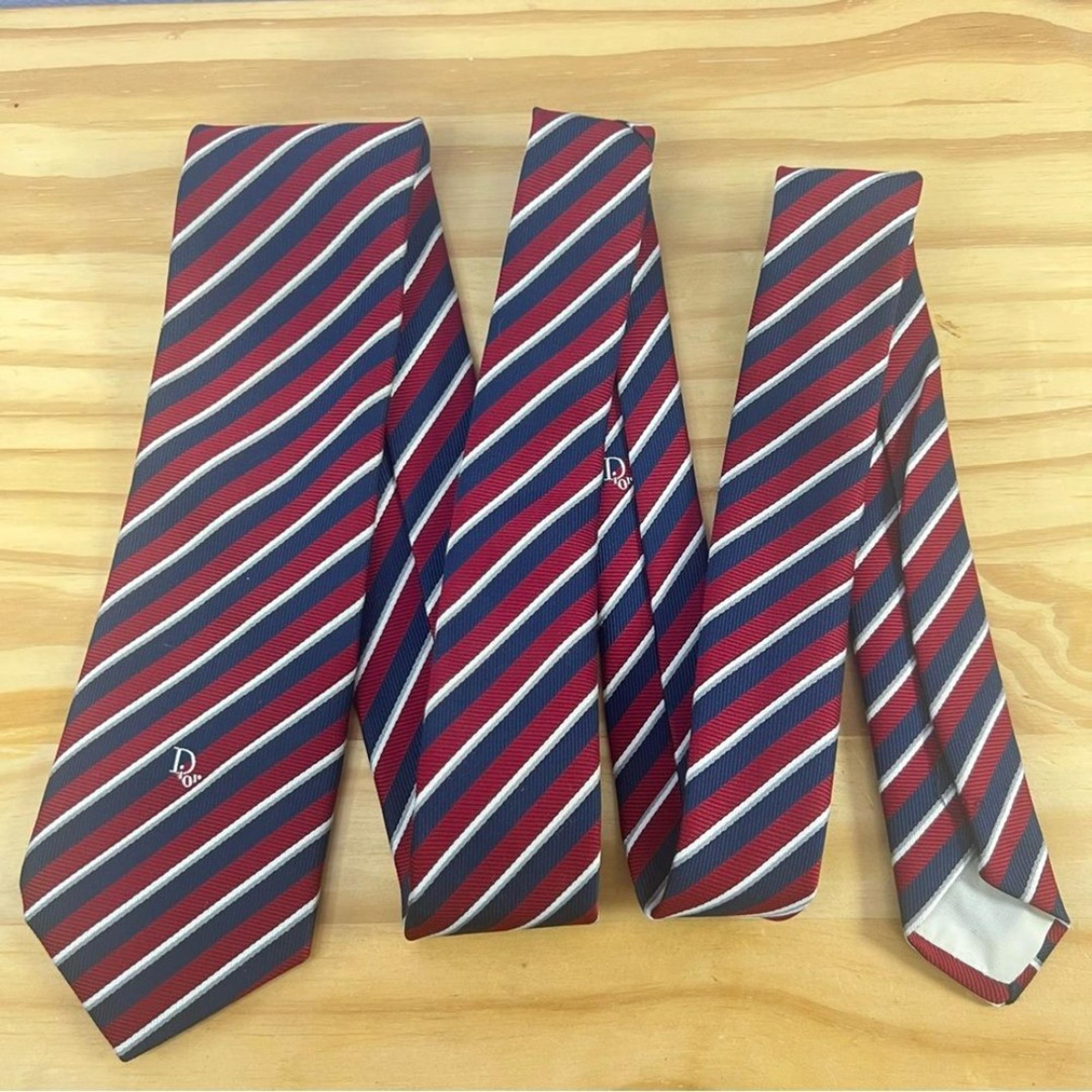 Christian Dior Red, White, and Navy Blue Striped Tie