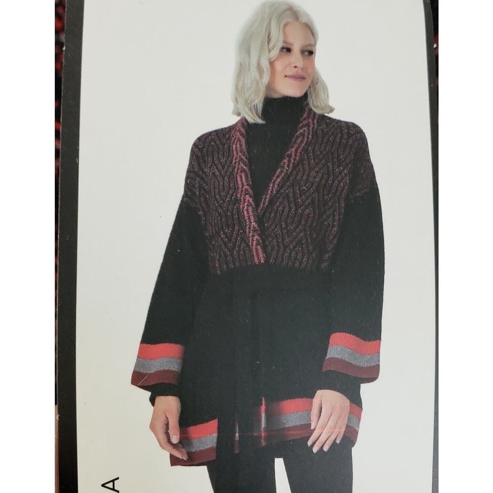 MAXSPORT Knit Cardigan Duster Open Front Black Red Belted Womens Size L NWT