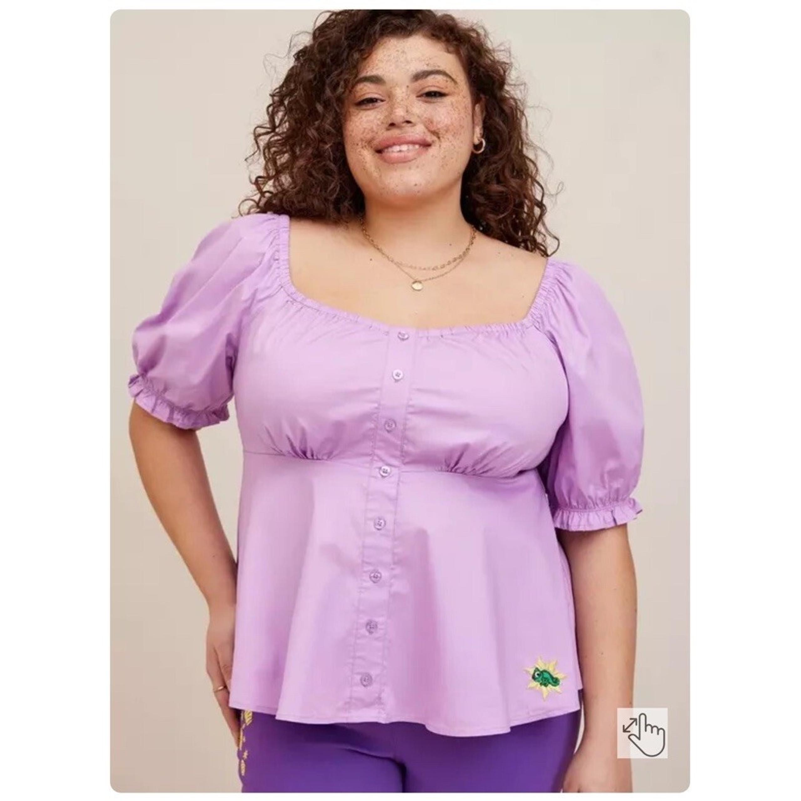 NWT Torrid Disney Tangled Rapunzel Peplum Top Purple Stretch Poplin Size 3X