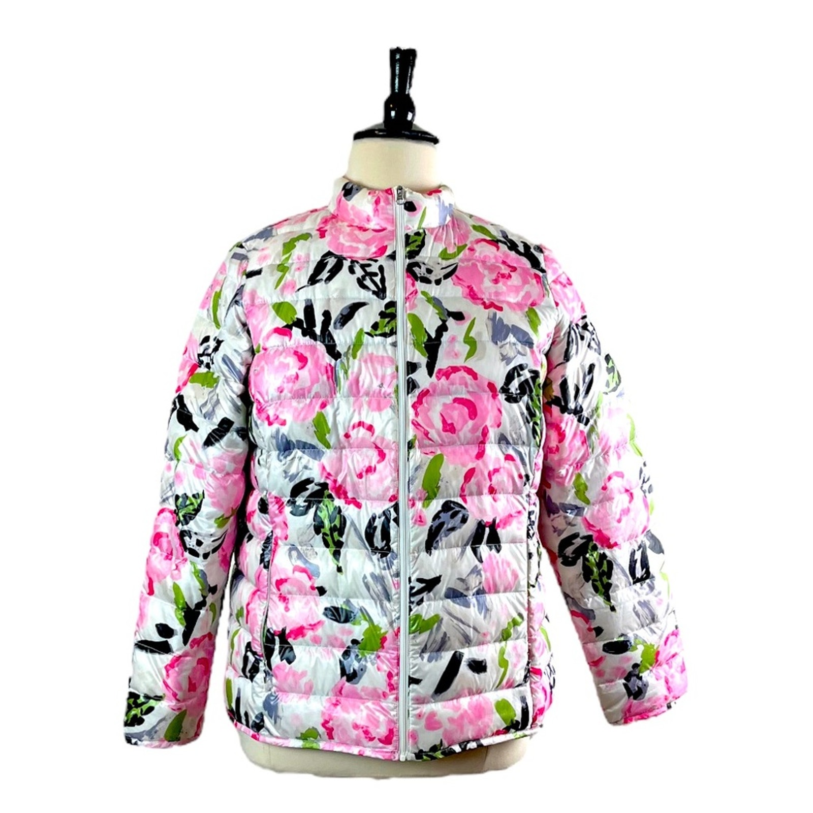 Lands’ End Women’s Quilted Puffer Jacket White Gray Pink Floral Size 0X 14W