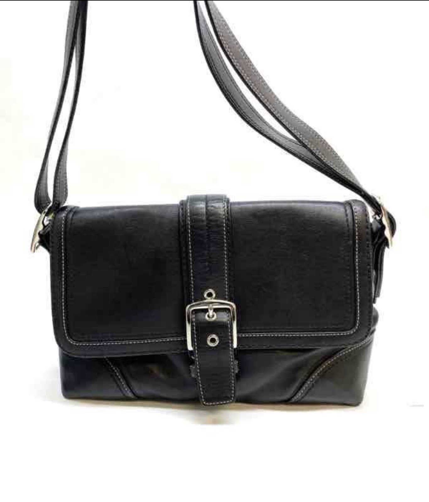 Coach Blk Hampton Buckle Flap Leather Bag
