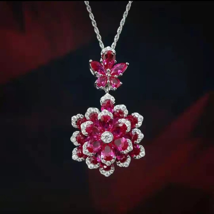 Ladies Preserved Flower Red Diamond Pendant Necklace