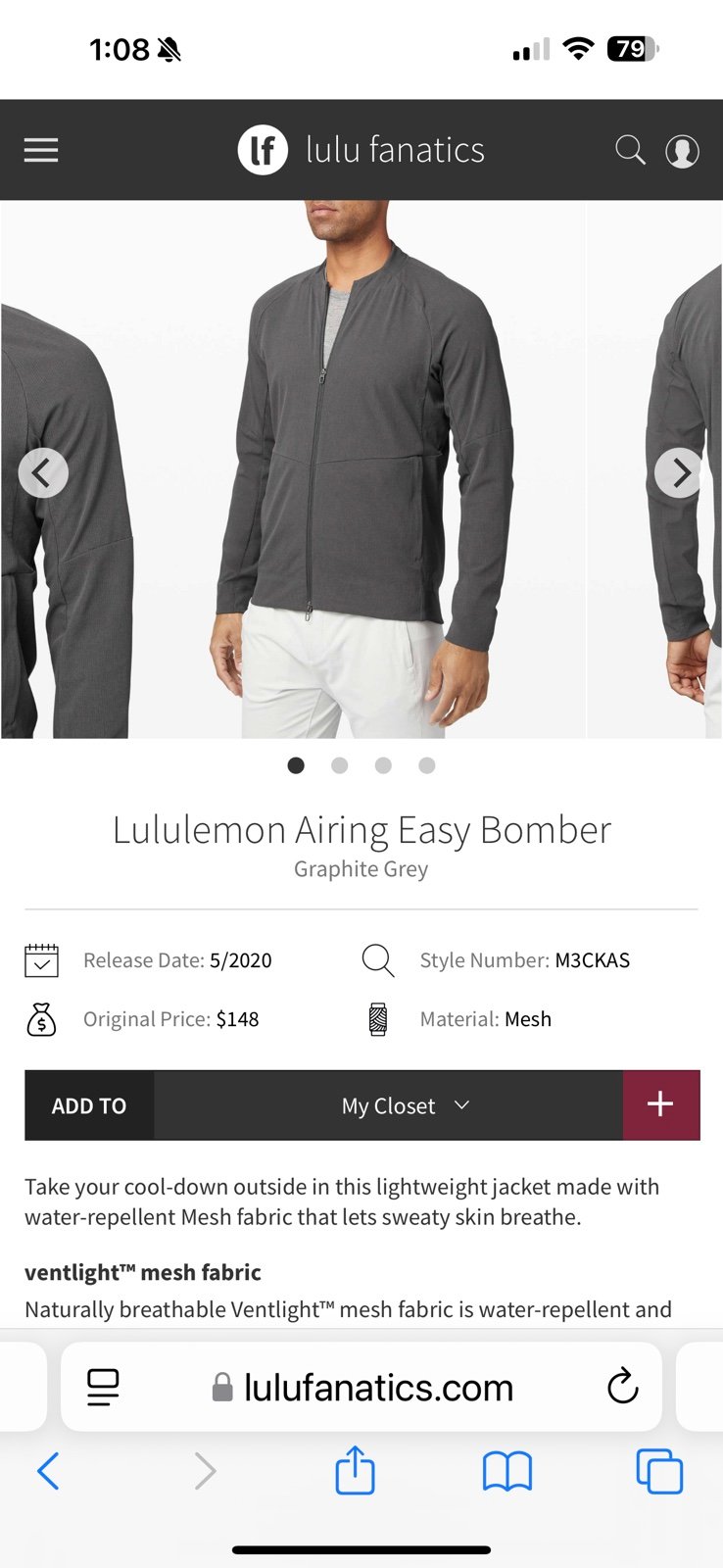 Lululemon Airing Easy Bomber Graphite Grey