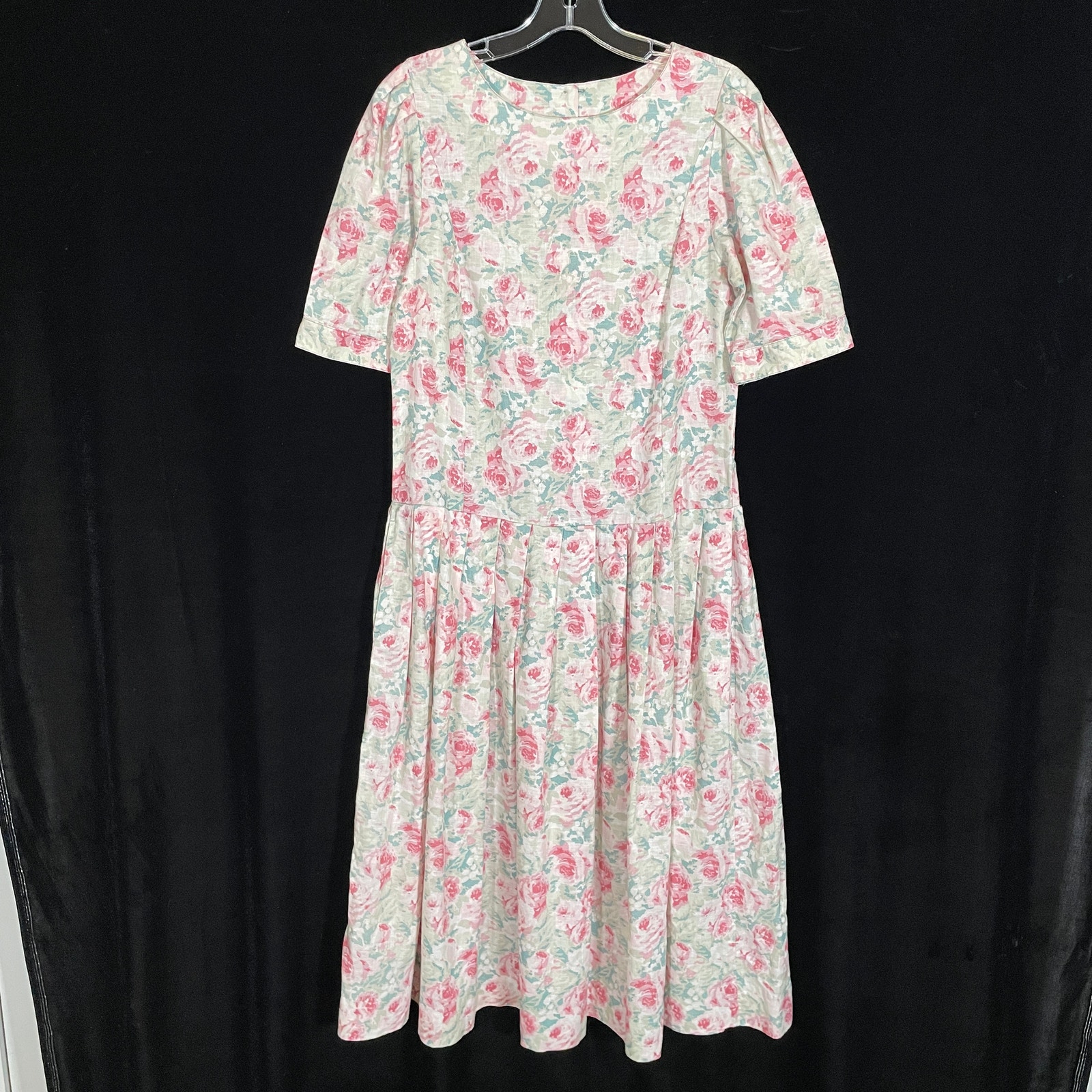 Vintage Laura Ashley Cottagecore Dress Pink Floral Pleated Puff Sleeve Linen 10