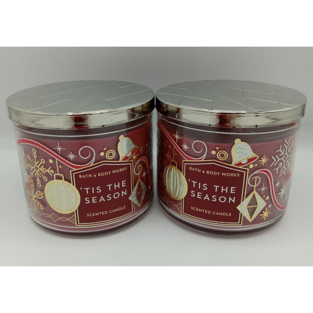 Lot Of 2 Bath & Body Works 'Tis the Season 3 Wick Candles 14.5 oz New Christmas