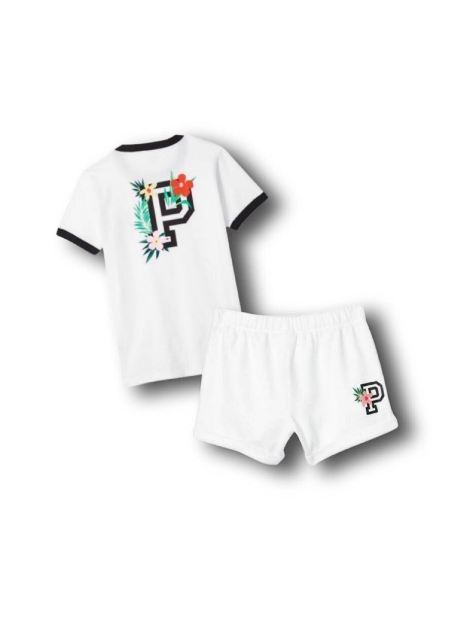 VS PINK Campus Ringer Tee & Heritage Shorts Set White with Tropical Logo Sz XXL