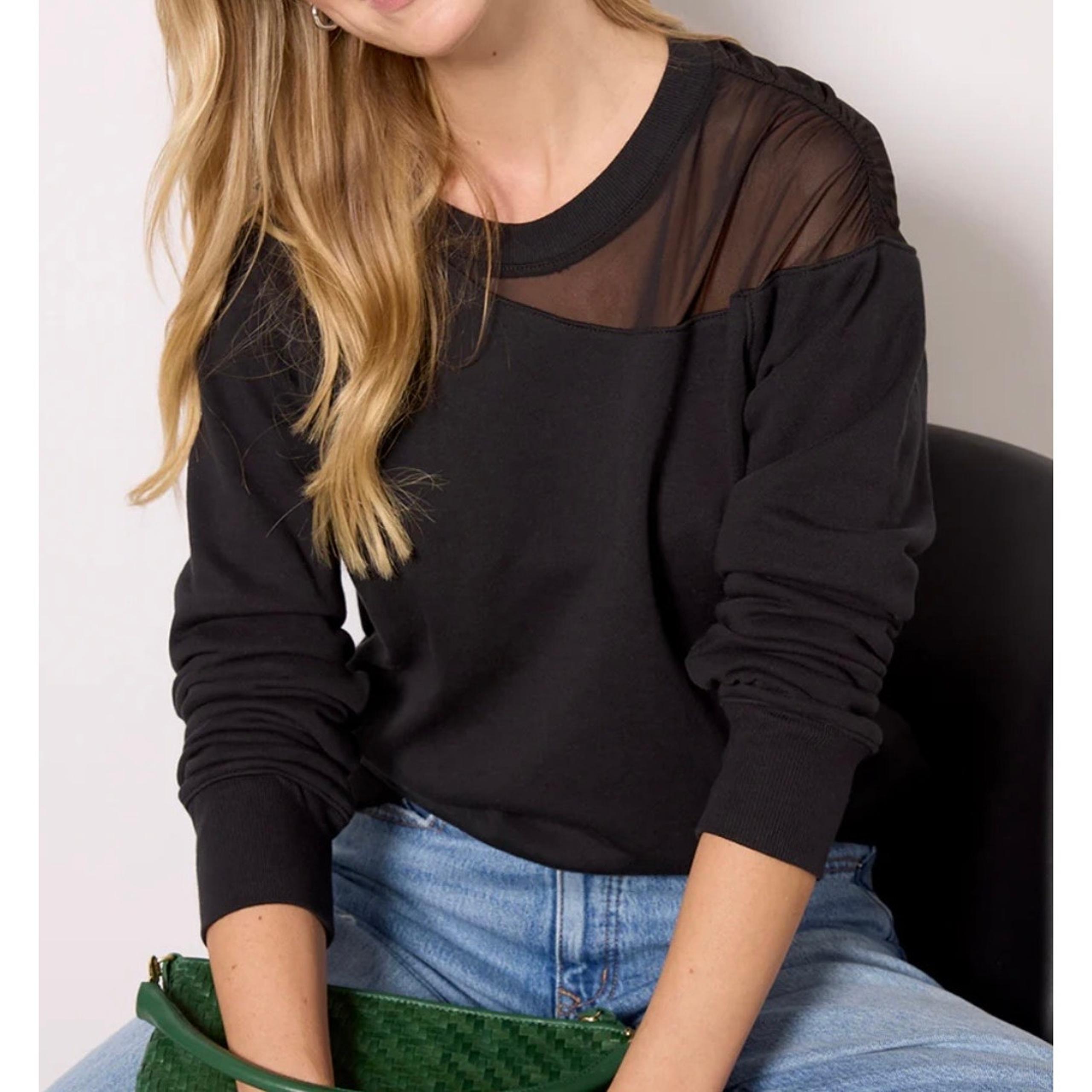 EVEREVE Hollis Mesh Inset Sweatshirt Black Crewneck Sheer Shoulder Ribbed Cuff S