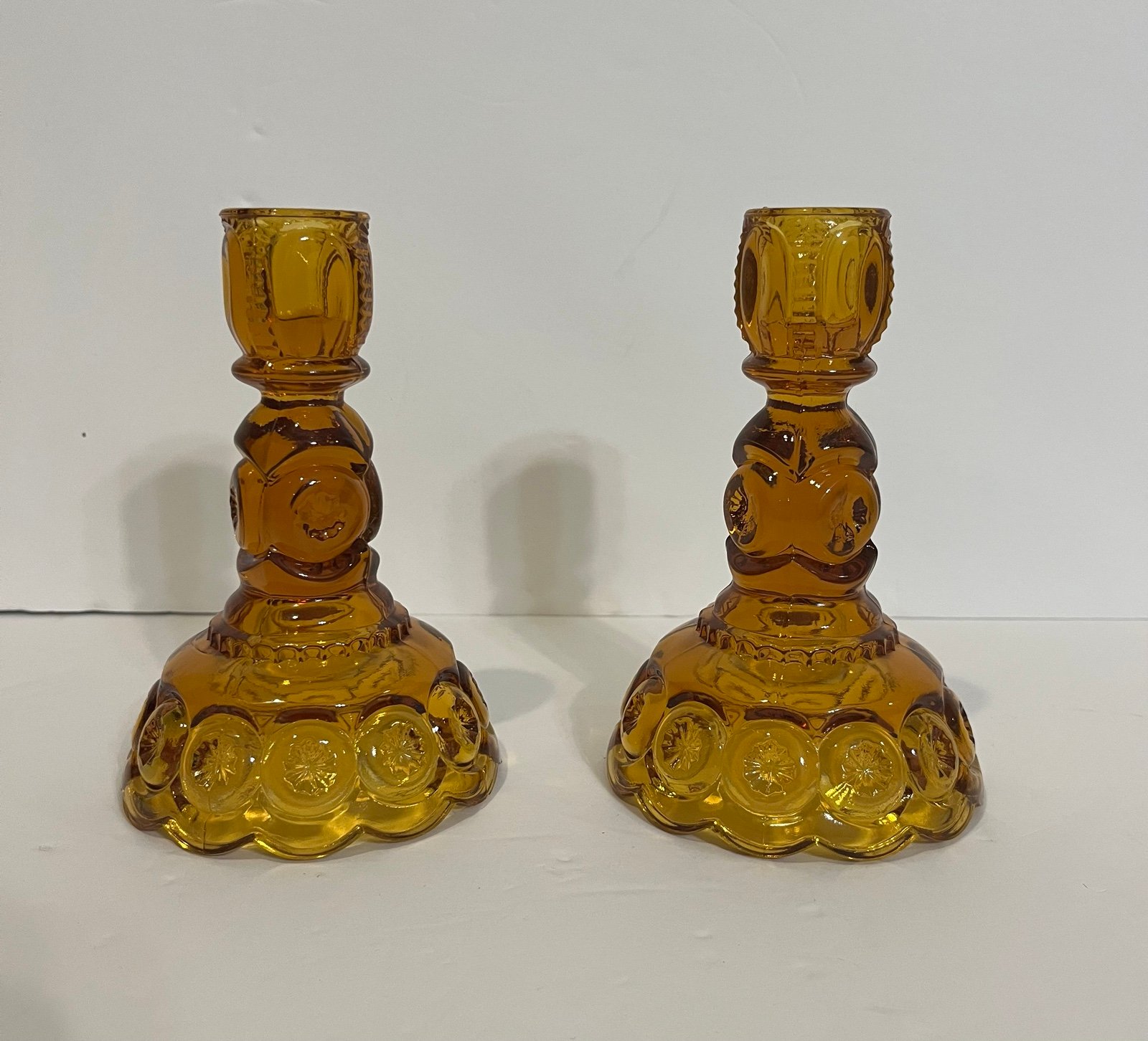 Vintage L.E Smith Moon and Stars Amber Candle holders