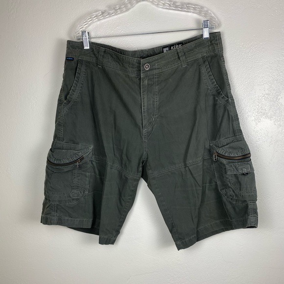 KUHL Cargo VintagePatina Dye Dark Olive Green Outdoor Hiking Cargo Shorts sz 38