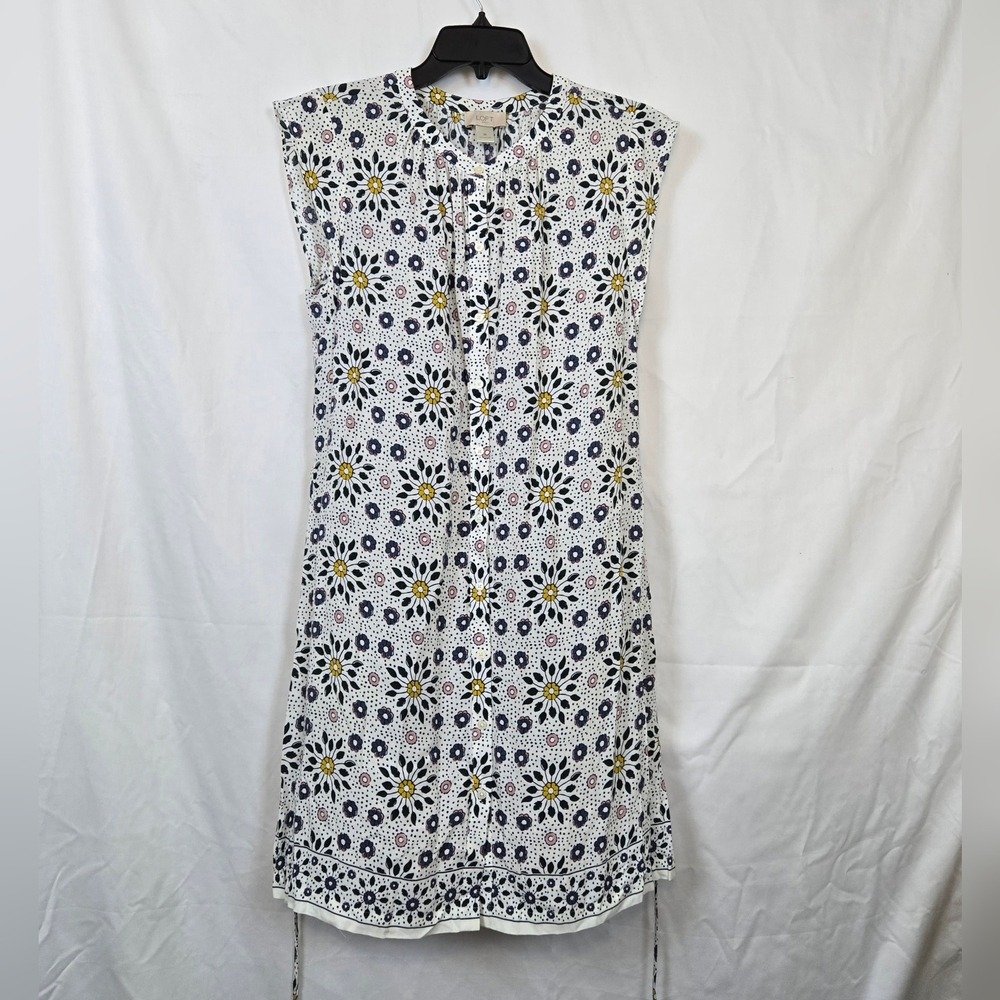 Loft Outlet Women's White Floral Tie Front Cap Sleeve Button Down Shift Dress M