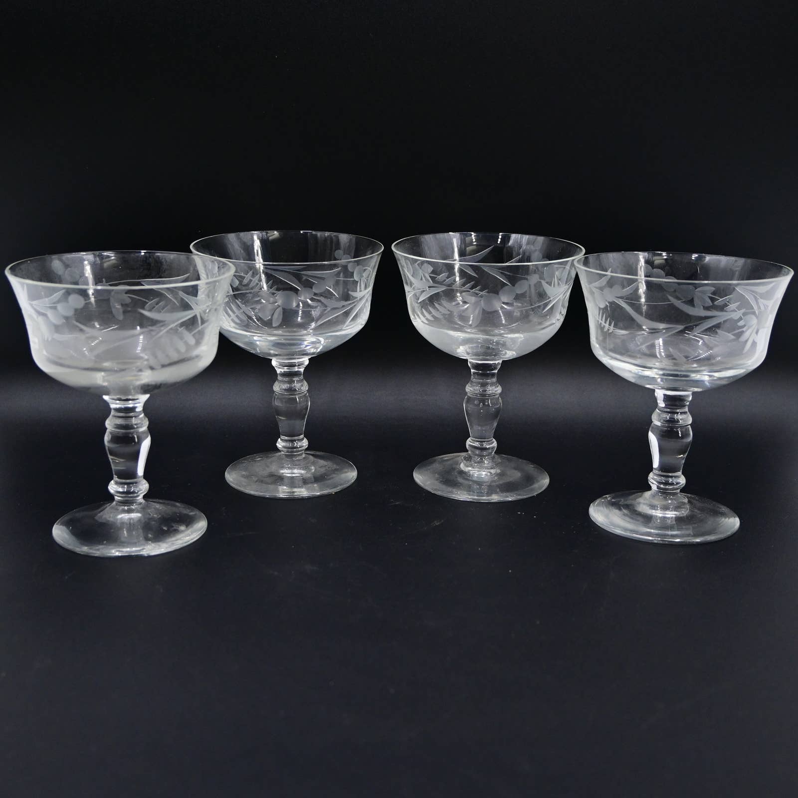 Vintage Etched Vine And Berry Champagne Glass Set Of 4