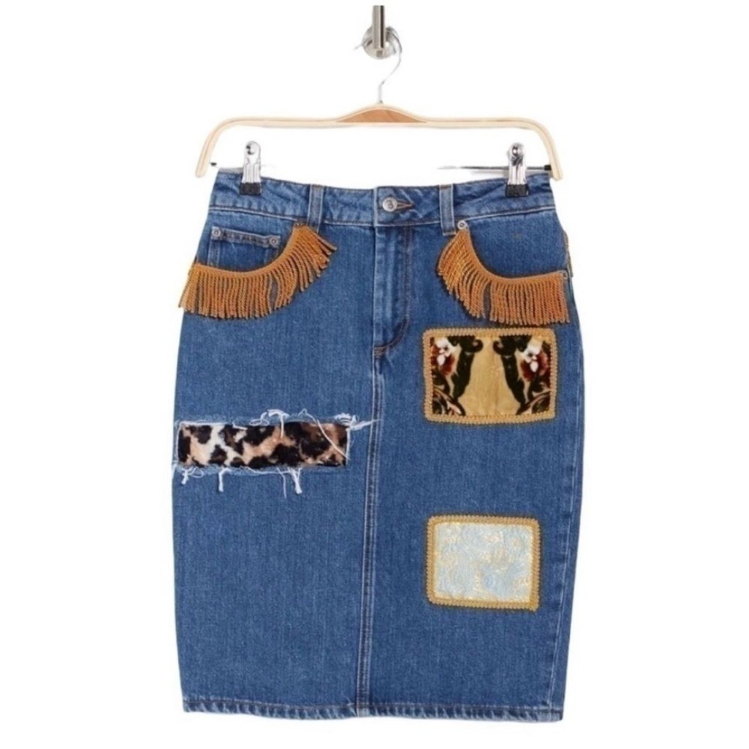 Jeremy Scott Abstract Patched Western Fringe Denim Pencil Skirt Size 4 NEW 705