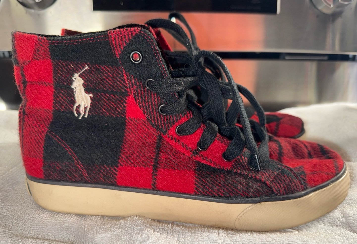 Ralph Lauren Black and Red Flannel Plaid High Top Sneakers Size Mens 6 Ladies 8