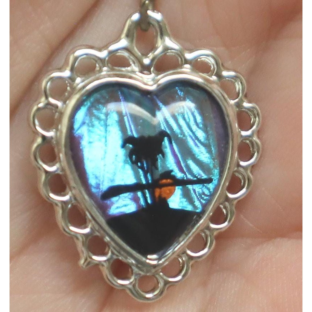 Vintage Butterfly Wing Heart Double Sided Beach Scene Pendant