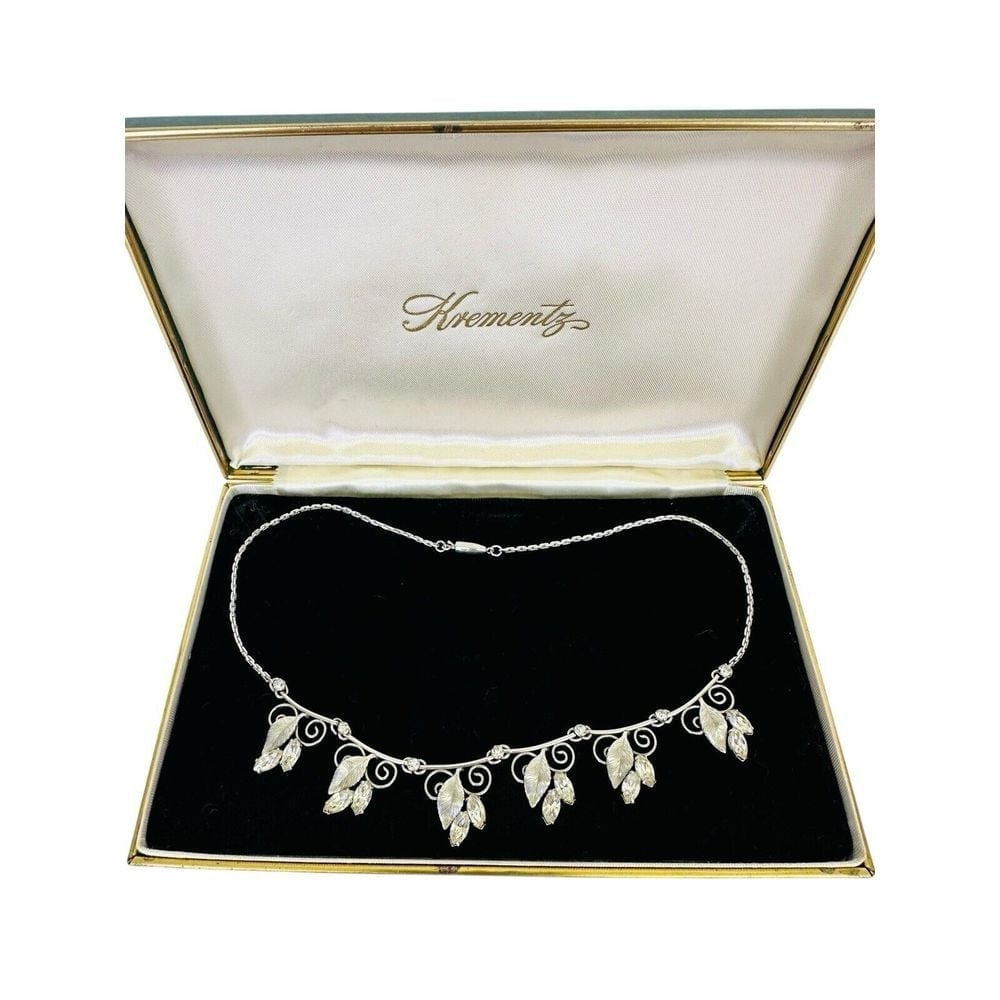 Vintage Krementz Silver Tone Crystal Leaf Flowers Wedding Bridal 15 Necklace