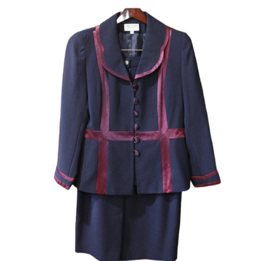 Chantelle Navy Blue Ribbon Trim Vintage Skirt Suit 12
