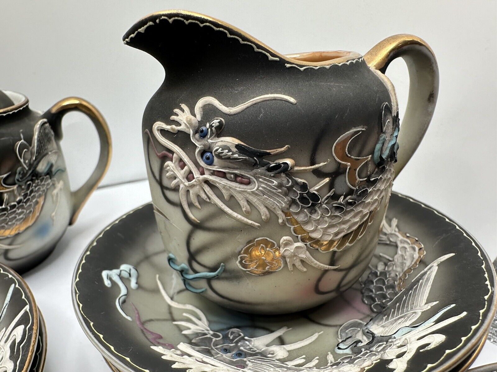 Tea Set Japanese Moriage Dragonware Hand Painted 18 Pc Antique Japan Vintage VTG