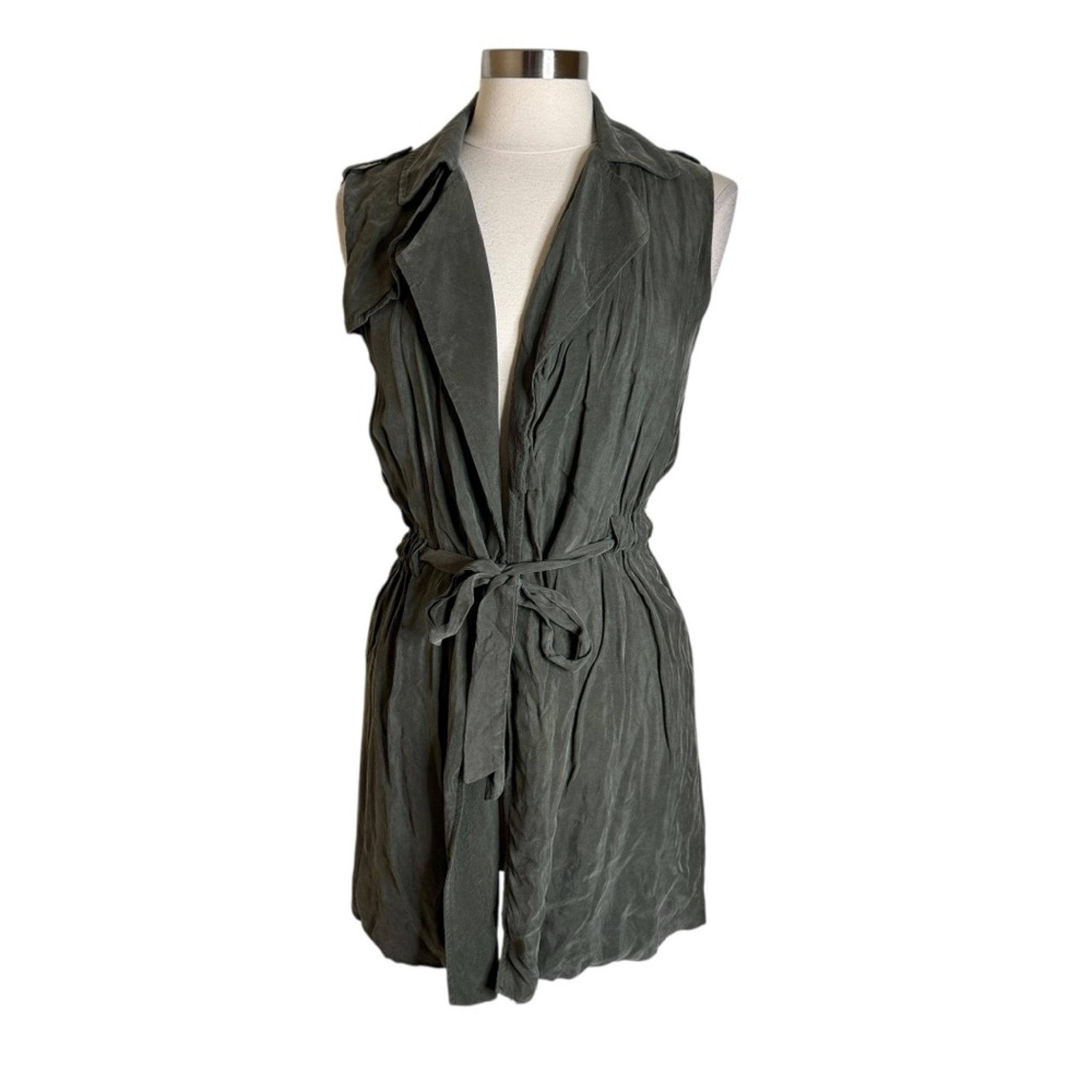 Anthropologie Elevenses Cupro Olive Drape Trench Vest Womens Size Small
