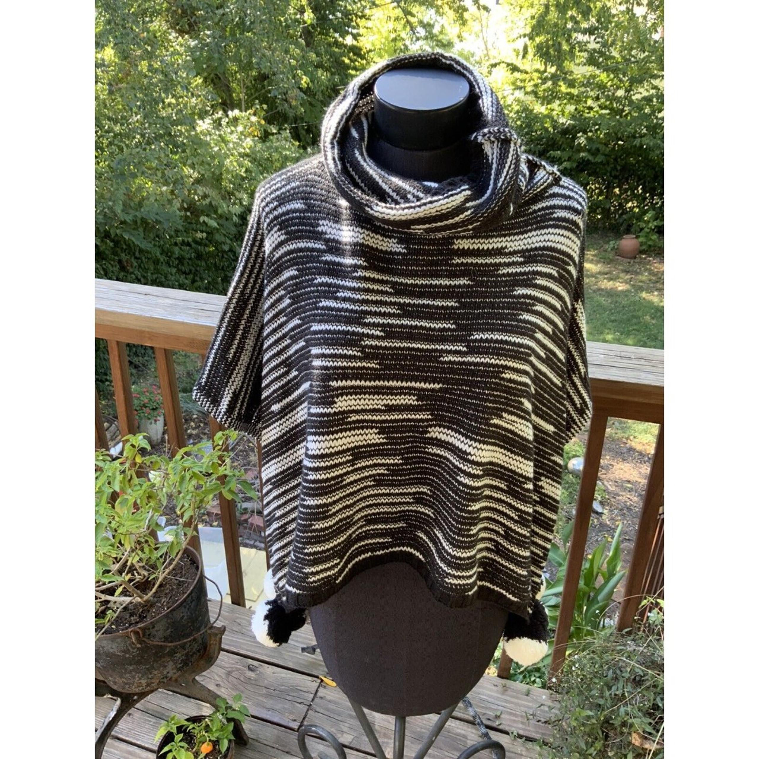 Libby Edelman Cute Pom-Pom Poncho Sweater Black White Cowl Neck Wrap Shawl