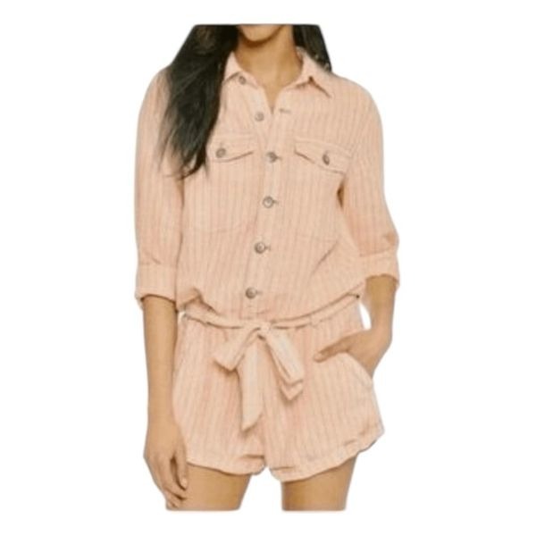 Free People Yarn Dye Stripe Linen Blend Belted Romper Pink Black Long Sleeve Sho